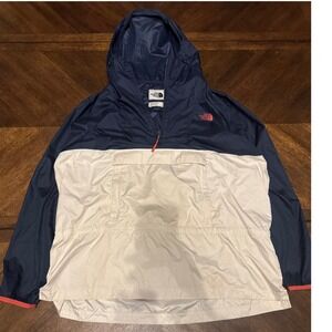 The North Face Womens XL Navy Cream Red Colorblock Anorak Rain Jacket Hooded |E1